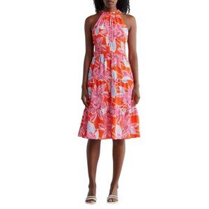 Eliza J Womens Red Pink Poppy Floral Pockets Halter Tiered Midi Dress Sz 8 New